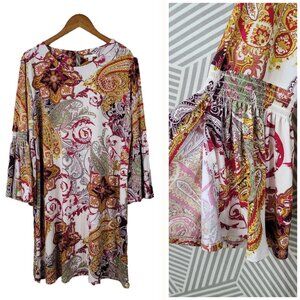 EST Dress Size XL career Floral party cocktail Bell Sleeve Paisley White Gold